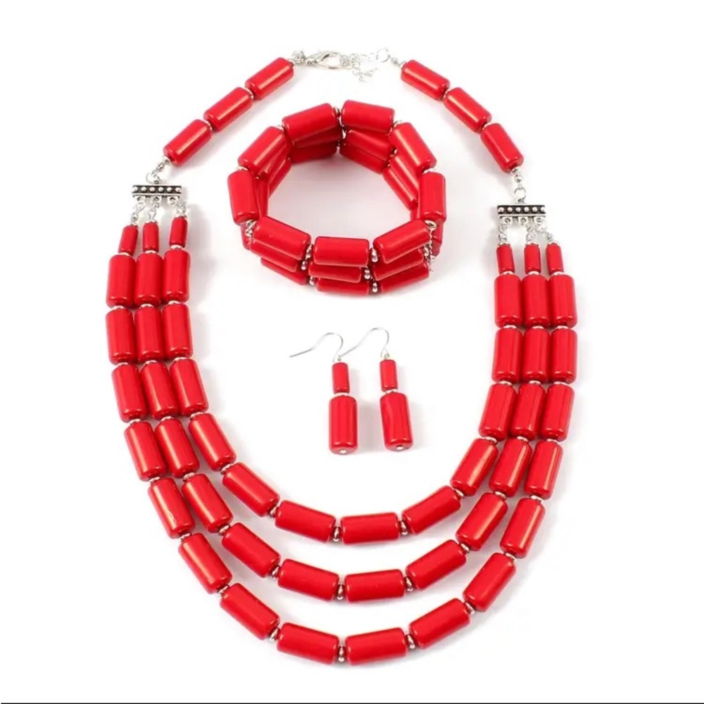 Red 3 Piece Multi Layered Necklace Set - Picture 5 of 7